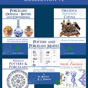Könnte beinhalten: Eine Sammlung von fünf Porzellanbüchern mit Covern, die Porzellanstücke und Texte über Dresdner Meißener Porzellan, französische Fayence, Weltweite Porzellan- und Keramikmarken sowie französische Porzellan- und Keramikmarken zeigen. Die Bücher gehören alle zu einer Sammlung mit dem Titel "5X Top Selling Porcelain Books Collection #1".