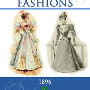 May include: Two women in 1890s fashion, one in a light blue dress with pink accents and the other in a gray dress with intricate embroidery. The image is from a book titled "European Designer Fashions" published in 1896 by Jordan, Marsh & Co., Boston.