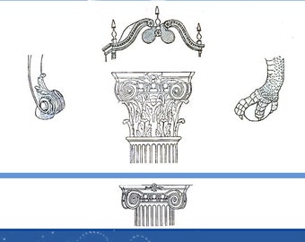 Peut inclure: Dessins au trait en noir et blanc de différents éléments de design de meubles, notamment un dessus décoratif, un chapiteau de colonne et un pied en griffe. Le texte "The A to Z Furniture Collectors Glossary by Luke Vincent Lockwood" est en haut de l'image.