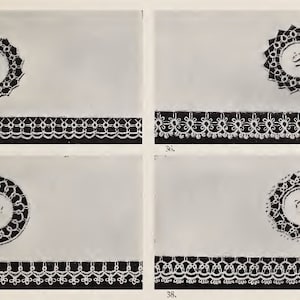 May include: Four black and white images of lace designs. Each image shows a different design for a corner and a border. The designs are intricate and detailed.