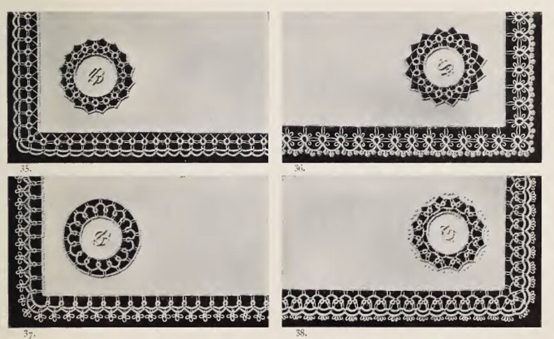 May include: Four black and white images of lace designs. Each image shows a different design for a corner and a border. The designs are intricate and detailed.