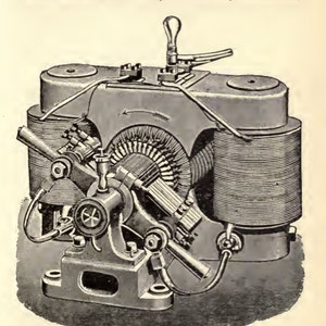 May include: An illustration of the Manchester Dynamo, a machine introduced by Mather and Platt of Salford, Manchester. The image is a detailed, grayscale depiction of the dynamo's components, including coils, a central rotor, and various mechanical parts. Text at the top reads "Chapter IV. The Manchester Dynamo."