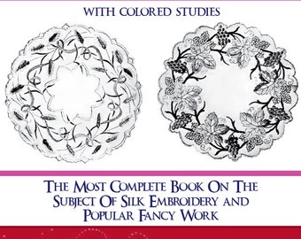May include: A vintage book cover with the title "Embroidery Lessons" in blue text. The cover features two black and white illustrations of embroidery designs, one with a grapevine and the other with wheat stalks. The text "With Colored Studies" is below the title. The text "The Most Complete Book On The Subject Of Silk Embroidery And Popular Fancy Work" is below the illustrations. The text "Edited By A Corps Of Expert Embroiderers" is below the previous text. A green recycling symbol is in the bottom right corner.