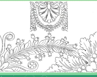 May include: A black and white illustration of 100 French embroidery designs. The designs feature floral motifs and intricate patterns. The image includes the text "100 FRENCH EMBROIDERY DESIGNS".