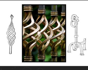 May include: Image featuring the words "ORNAMENTAL FORGING" in green and black. The image showcases examples of ornamental metalwork, including a detailed close-up of a decorative fence, and sketches of other forged items.