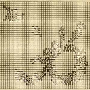 May include: A black and white grid pattern with numbers 1, 2, 3, 4, 5, and 6 arranged in various shapes and sizes.