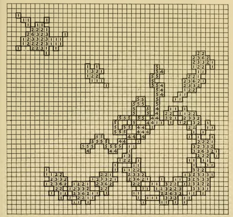 May include: A black and white grid pattern with numbers 1, 2, 3, 4, 5, and 6 arranged in various shapes and sizes.