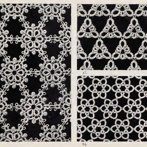 May include: A black and white image showing three different lace patterns. The first pattern is a repeating snowflake design. The second pattern is a repeating triangle design. The third pattern is a repeating flower design.