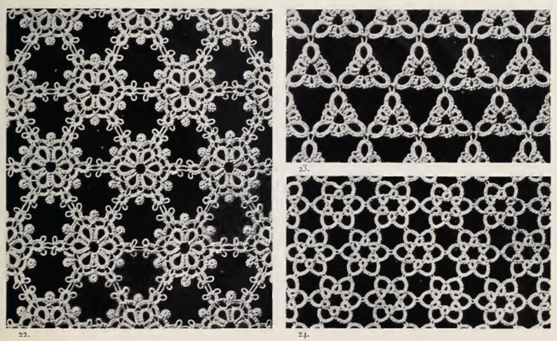 May include: A black and white image showing three different lace patterns. The first pattern is a repeating snowflake design. The second pattern is a repeating triangle design. The third pattern is a repeating flower design.