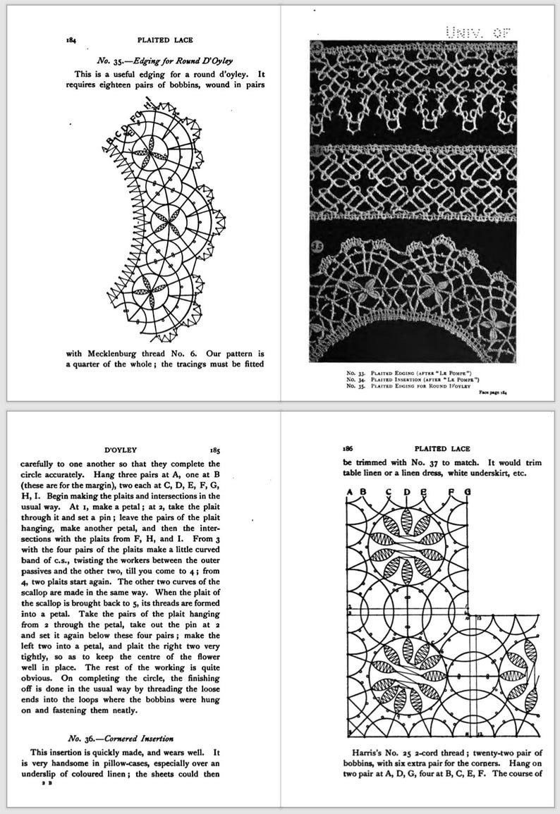 May include: A black and white illustration of a lace pattern with instructions for making the pattern. The text includes the title "Plaited Lace" and the number "37".