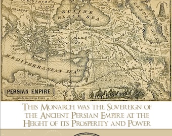 Può includere: Un'illustrazione vintage di una mappa dell'antico Impero Persiano, con il testo "HISTORY OF XERXES THE GREAT" in alto. La mappa mostra l'estensione dell'impero, comprese le principali città e le caratteristiche geografiche. Sotto la mappa c'è un passaggio di testo su Serse, e un'illustrazione in bianco e nero di una moneta con un profilo di Serse e il testo "XERCES PERS REX".