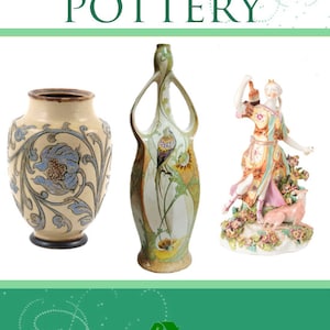 May include: Illustrated Guide to Pottery by W.P. Jervis, a book cover featuring three ceramic pieces: a vase with floral designs, a tall vase with a bird and floral designs, and a porcelain figurine of a woman with a dog.