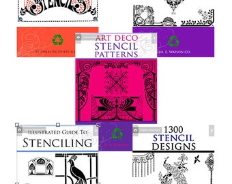 Pode incluir: Cinco capas de download digital para livros de design de estênceis. As capas apresentam ilustrações em preto e branco de vários designs, incluindo pavões, flores e padrões geométricos. Os títulos dos livros incluem "850 Designs for Stencils", "4000 Fresco Stencils", "Art Deco Stencil Patterns", "Illustrated Guide to Stenciling", e "1300 Stencil Designs".