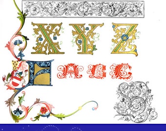 100 ALPHABETS INITIALS and Edge Strips RARE Illustrated Book in Color For Craftwork Scrapbookers Designers 68 pgs Printable Instant Download