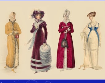 Trajes de damas georgianas de 1810 a 1823 ~ 121 dibujos de moda a todo color ~ Scrapbooking de diseñadores de vestuario escénico ~ Imprimible ~ Descarga instantánea