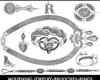 716 Victoriaanse HAARWERK SIERADENONTWERPEN Zeldzame geïllustreerde 1873 Mourning Jewellery-patronenboek met prijzen 86 pagina's afdrukbare Instant Download