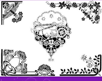 May include: A black and white image of four different stencil designs. The designs are all floral and geometric in nature. The image is titled "4000 Fresco Stencils" and is from Geo. E. Watson Co.