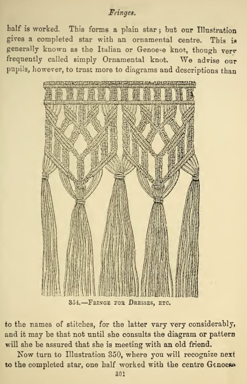 Op de afbeelding: Een zwart-witte lijntekening van een franje voor jurken, etc. De franje is gemaakt van een reeks knopen die een stervorm cre&euml;ren. De tekst "354.-FRINGE FOR DRESSES, ETC." staat onder de tekening.