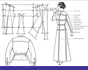 Può includere: Una copertina di libro vintage con il titolo "Illustrated Dressmaking" in testo blu. La copertina presenta un'illustrazione in bianco e nero di una donna che indossa un vestito e uno schema di un modello di vestito. La copertina del libro include anche un simbolo di riciclaggio verde con le parole "RECYCLED, MAKE, AND RE-USE" e il testo "BY JANE FALES".