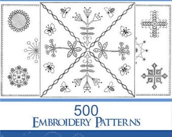 May include: Book cover with a blue background and the title "Embroidery Patterns" in white text. The cover features a black and white illustration of a floral design with bees and butterflies. The text "500 Embroidery Patterns" is below the illustration, and the author's name, "By Mary E. Waring", is below that. A green recycling symbol is in the bottom right corner.