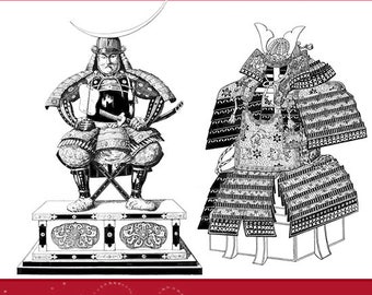 May include: A black and white illustration of two Japanese samurai warriors wearing armor. The illustration is from a book titled "Japanese Armor" by Bashford Dean, Ph.D. and published by The Metropolitan Museum of Art.