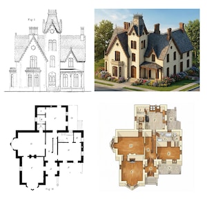 PLANOS ARQUITECTÓNICOS VICTORIANOS 55 Elevaciones y Planos para Cabañas ~ Villas ~ Residencias ~ Libro PDF Digital ~ Descarga Instantánea