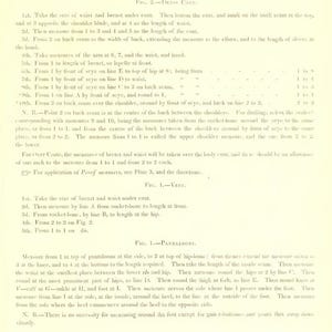 May include: A vintage guide to taking measurements for dressmaking, featuring illustrations of a dress coat, vest, and pantaloons. The guide includes detailed instructions for measuring the waist, bust, hips, and other body parts.