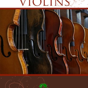 May include: A book cover with the title "How to Detect Old Fake Violins" in green and brown text. The cover features a close-up of several antique violins with a brown background. The author's name, "By William Wolff", is printed in white text below a green recycling symbol.