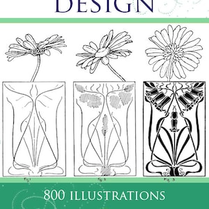 May include: A black and white illustration of a plant form design. The image shows three stages of a flower, with the first stage showing the flower bud, the second stage showing the flower in bloom, and the third stage showing the flower with its petals falling off. The image is from a book titled "A Handbook of Plant Form Design" with 800 illustrations by Ernest E. Clark.