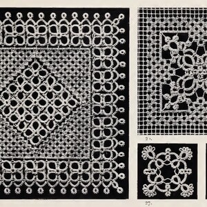 May include: A black and white image showing four different lace patterns. The patterns are all square and feature intricate designs. The image is labeled with the numbers 25, 27, and 28.