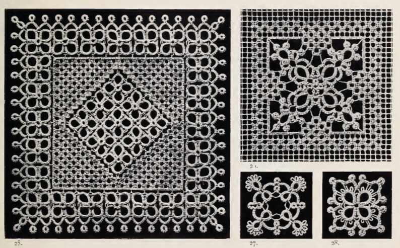 May include: A black and white image showing four different lace patterns. The patterns are all square and feature intricate designs. The image is labeled with the numbers 25, 27, and 28.