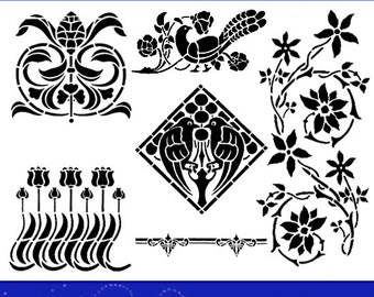 May include: A book cover with the title "700 Decorative Stencils" in black text on a white background. The cover features black and white illustrations of various decorative stencils, including floral designs, birds, and geometric patterns. The book cover also includes the text "GEO. E. WATSON CO."