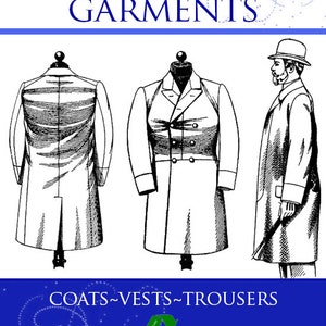 Può includere: Un'illustrazione vintage che mostra come modificare cappotti, gilet e pantaloni che non calzano bene. Il testo "HOW TO ALTER ILL-FITTING GARMENTS" è in alto nell'immagine. Il testo "COATS-VESTS-TROUSERS" è in basso nell'immagine. Il testo "BY WM. LEHMANN" è in basso nell'immagine.