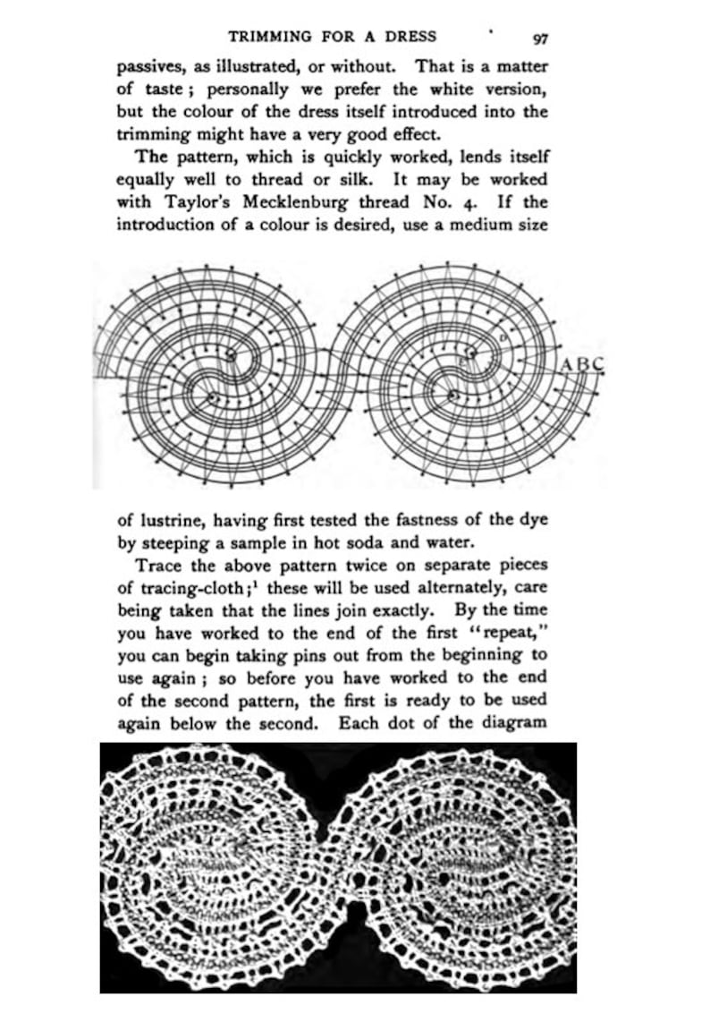 May include: A black and white diagram showing how to create a crochet pattern. The diagram shows two circles with lines radiating from the center. The text "ABC" is labeled on the diagram.