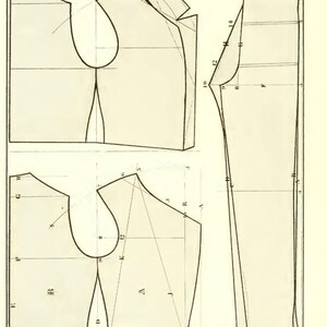 May include: A vintage sewing pattern diagram labeled "PLATE N&deg;4" with instructions for making a garment. The diagram shows the different pieces of fabric needed to create the garment, including the front, back, and sleeves.