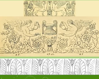 Pode incluir: Uma ilustração em preto e branco de ornamentação arquitetônica francesa do início do século XIX. A imagem apresenta uma borda decorativa com figuras aladas segurando urnas, e um padrão repetitivo de tulipas estilizadas.
