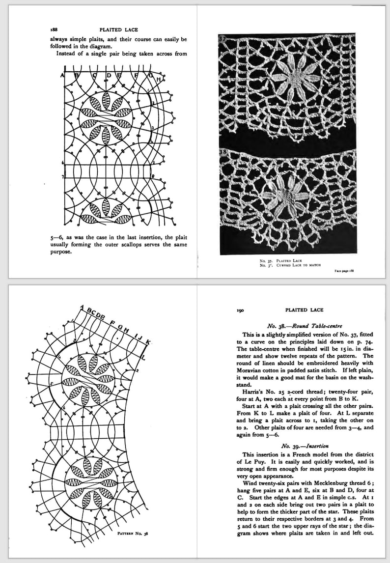 May include: A black and white diagram showing how to create a round table-center lace pattern. The diagram includes letters and numbers to indicate the steps in the pattern. The text in the image reads "No. 38. Round Table-centre".