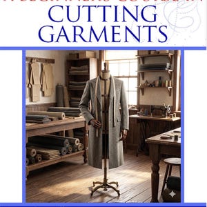 Peut inclure: Un cours pour débutants en coupe de vêtements avec 43 leçons. L'image montre un manteau en laine grise sur un mannequin dans un atelier de couture, avec des tables en bois, des étagères, des rouleaux de tissu et une machine à coudre.
