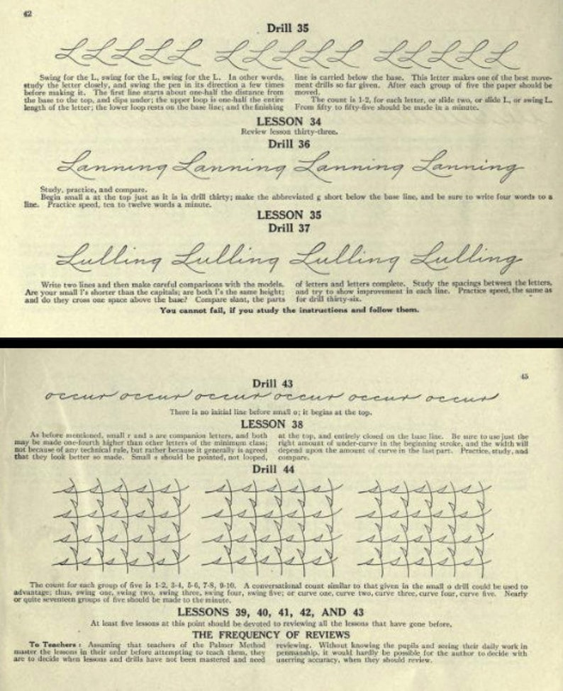 May include: A vintage handwriting guide with drills for practicing cursive letters. The guide includes instructions for forming the letters L, g, and o, as well as tips for spacing and speed.