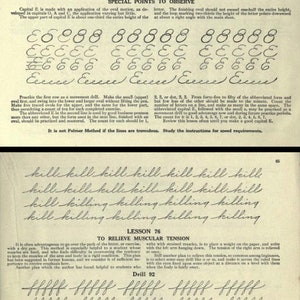 May include: A black and white image of a handwriting lesson from a vintage book. The lesson is about writing the letter "E" and includes several rows of the letter "E" written in different styles. The text "Special Points to Observe" is at the top of the page.