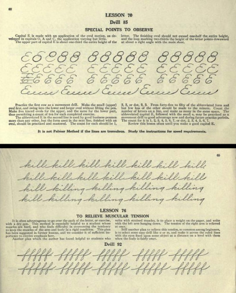 May include: A black and white image of a handwriting lesson from a vintage book. The lesson is about writing the letter "E" and includes several rows of the letter "E" written in different styles. The text "Special Points to Observe" is at the top of the page.
