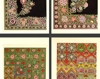 May include: Four different patterns of traditional Persian rug designs. The first two patterns are black backgrounds with colorful floral designs. The third pattern is a green background with red and pink floral designs. The fourth pattern is a multi-colored design with geometric shapes and floral motifs.