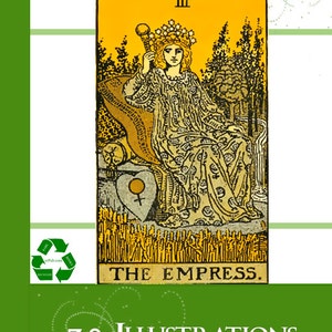 May include: The Empress tarot card illustration from The Tarot Key book. The card features a woman wearing a crown and a flowing gown, sitting on a throne with a wheat field in the background. The card number III is displayed in the top right corner.