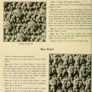 May include: A close-up of two crochet stitch patterns, Puff Stitch and Rice Stitch. The Puff Stitch is a raised, textured stitch, while the Rice Stitch is a more flat, textured stitch. Both stitches are shown in a light beige color.