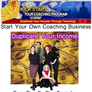 May include: A group of people stand in front of a background of US dollar bills. The text "Duplicate Your Income" is written in purple letters at the top of the image.