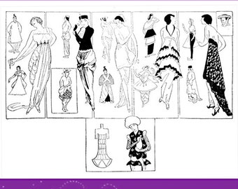 Può includere: Illustrazioni in bianco e nero di vari modelli di abbigliamento da un libro vintage intitolato "Costume Design & Illustration" di Ethel Traphagen.