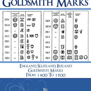 May include: A black and white chart showing English Goldsmith Marks from 1400 to 1900. The chart includes a leopard's head crowned, a date letter, and a maker's mark for each year.