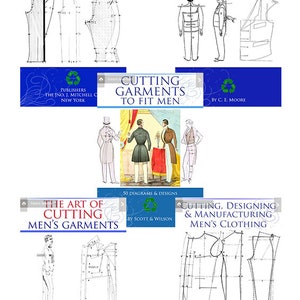 Może przedstawiać: Zbiór starych książek o krawiectwie i krojeniu odzieży dla mężczyzn. Książki zawierają ilustracje i schematy. Tytuły to "Spodnie i bryczesy męskie", "Jak projektować odzież dla mężczyzn", "Krojenie odzieży dla mężczyzn", "Sztuka krojenia odzieży męskiej" i "Krojenie, projektowanie i produkcja odzieży męskiej".