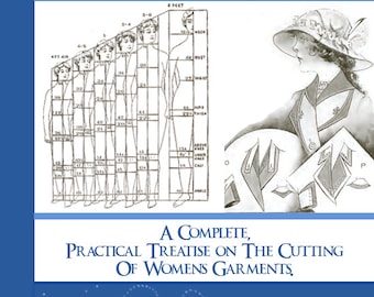 Può includere: Una copertina di libro vintage intitolata "The American Garment Cutter for Women". La copertina presenta un'illustrazione in bianco e nero di una donna con un cappello e un vestito, e uno schema del corpo di una donna con le misure.