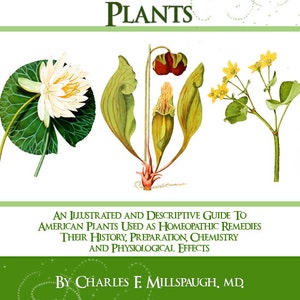 May include: A book cover with a green background and a title that reads "American Homeopathic Plants". The cover features illustrations of three plants: a white water lily, a pitcher plant, and a yellow flower.
